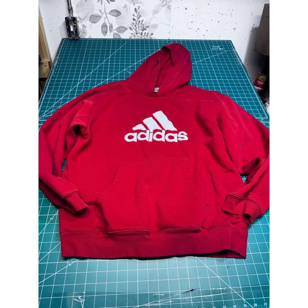 Adidas Red Pullover Hoodie White Logo Fleece Kangaroo Pocket XL Womens